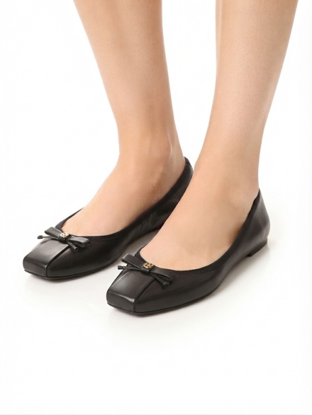 Tory Burch Black Square-Toe Ballet Flats with Bow and Logo Charm Size 10